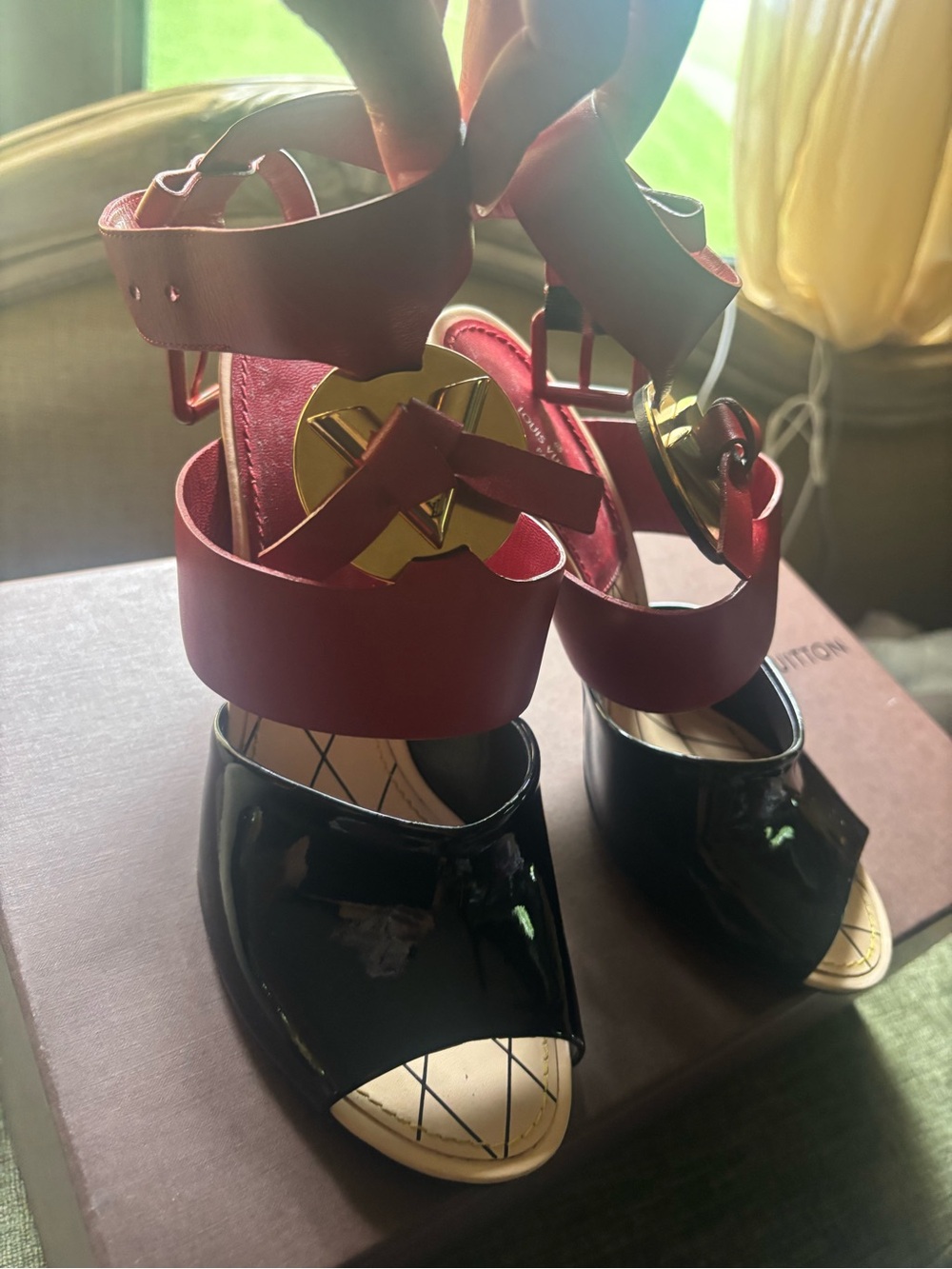 Louis Vuitton Black Patent and Red Ankle-Strap Heels with Gold Accent